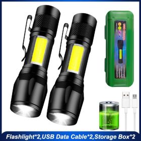 Mini Led Flashlight With Storage Box Portable Rechargeable Zoom Flashlight Waterproof Torch Lamp Lantern Camping Lights Outdoor (Option: Emitting Color2pcs)
