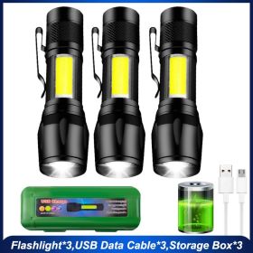 Mini Led Flashlight With Storage Box Portable Rechargeable Zoom Flashlight Waterproof Torch Lamp Lantern Camping Lights Outdoor (Option: Emitting Color3pcs)